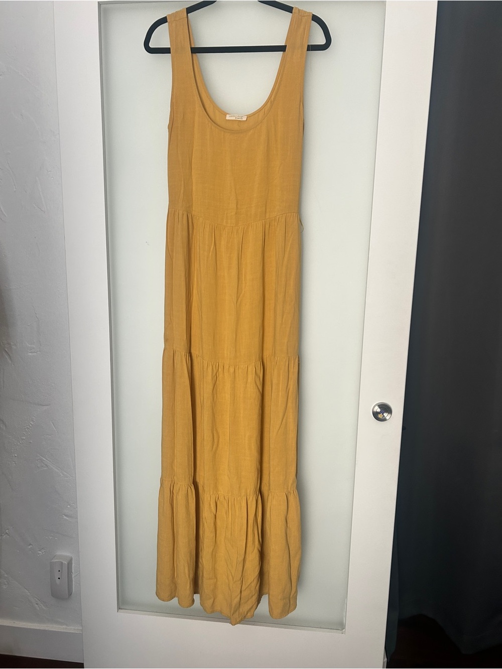 Lovestitch Moonstruck Sleeveless Tiered Maxi Dress in a mustard yellow linen L